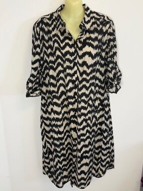 Olsen Black and Cream Print Button Down Dress M/L